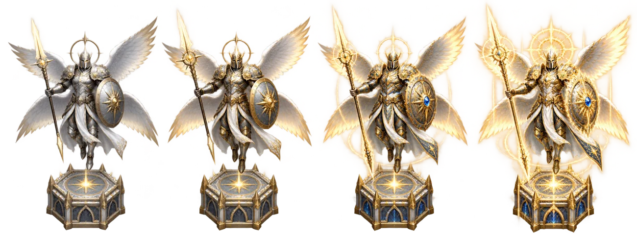 Four successive upgrade appearances of Cherubim Bastion, becoming brighter from left to right