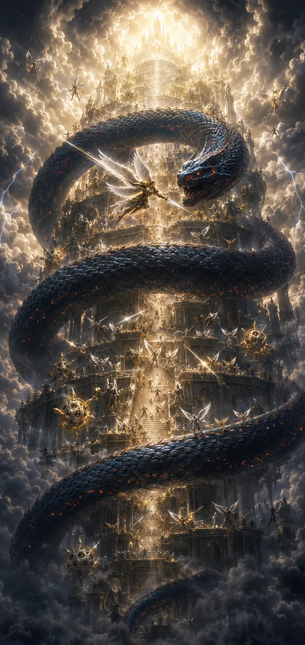 A vast dark serpent coils around a luminous celestial staircase surrounded by angels.