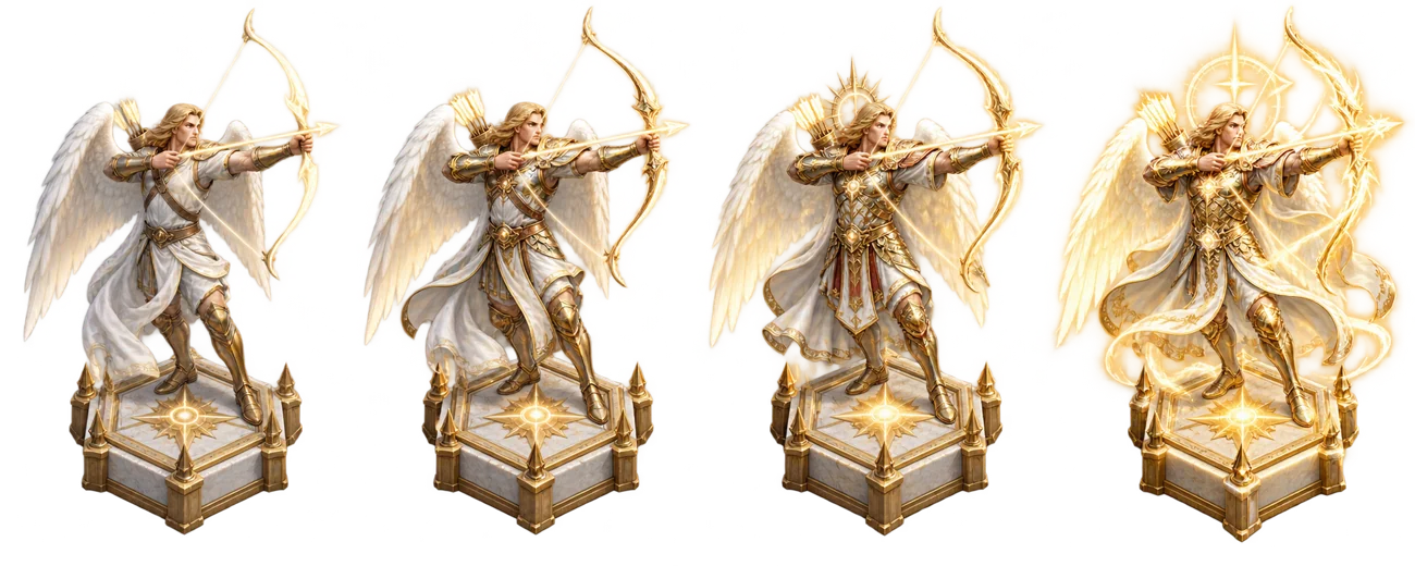 Four successive upgrade appearances of Principality Archer, becoming brighter from left to right