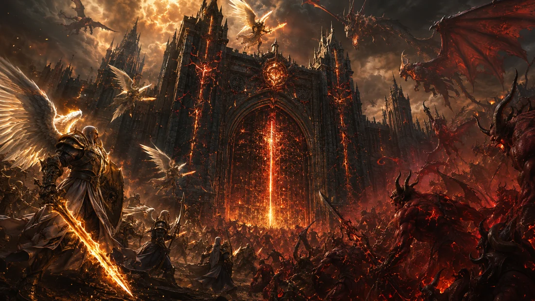 The gates stand amid the ashes. Beyond them, the shadow host gathers.