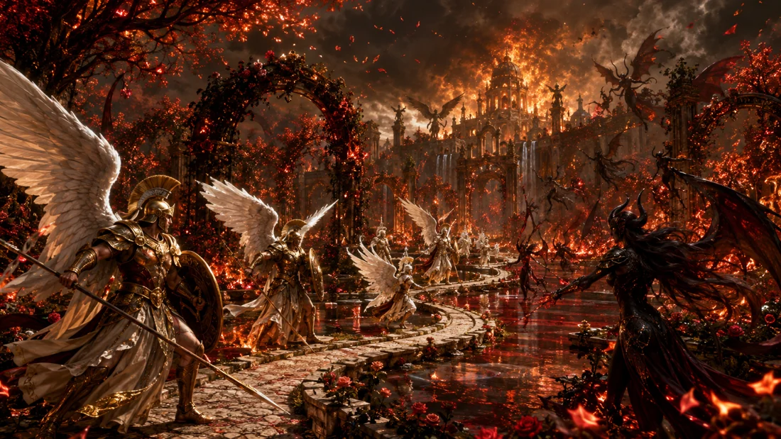 A garden burns beneath a broken sky. Something beautiful has been lost.