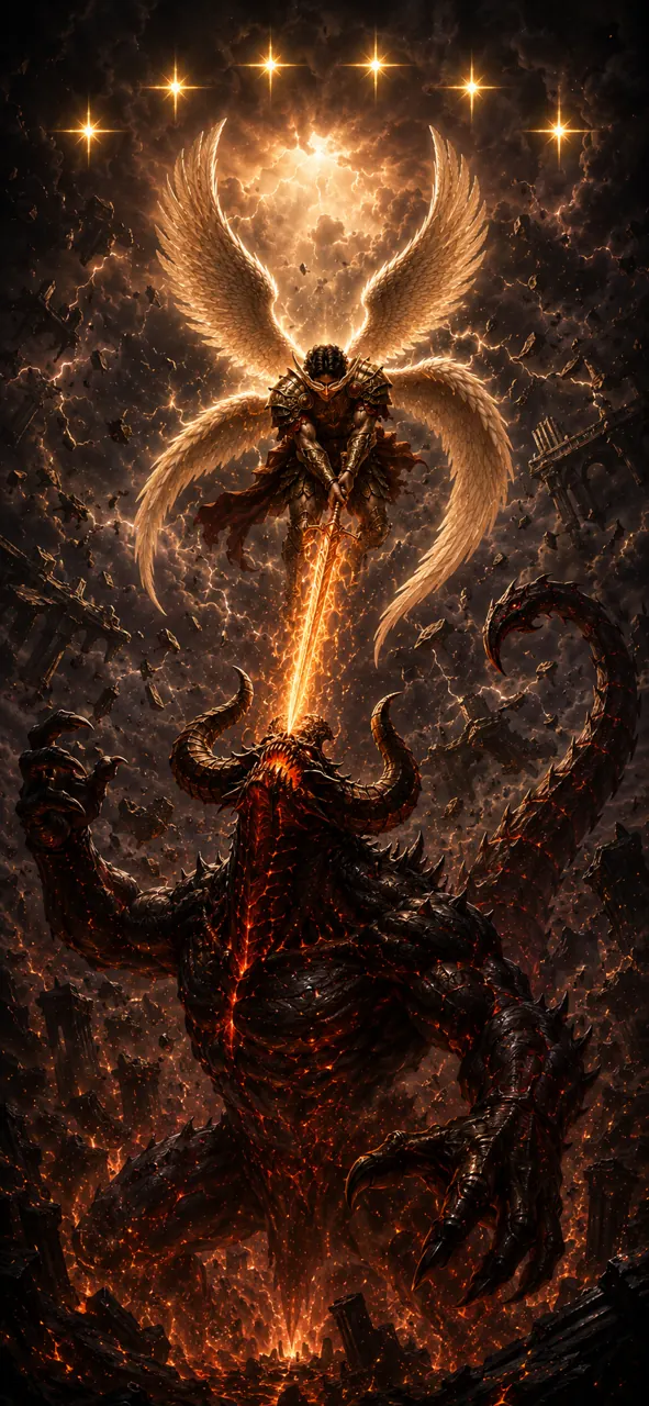 A winged angel drives a flaming sword toward a horned beast beneath six stars.