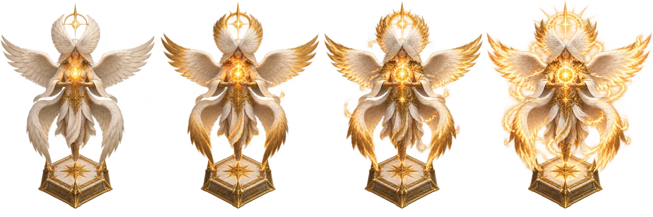Four successive upgrade appearances of Seraphim of Flame, becoming brighter from left to right